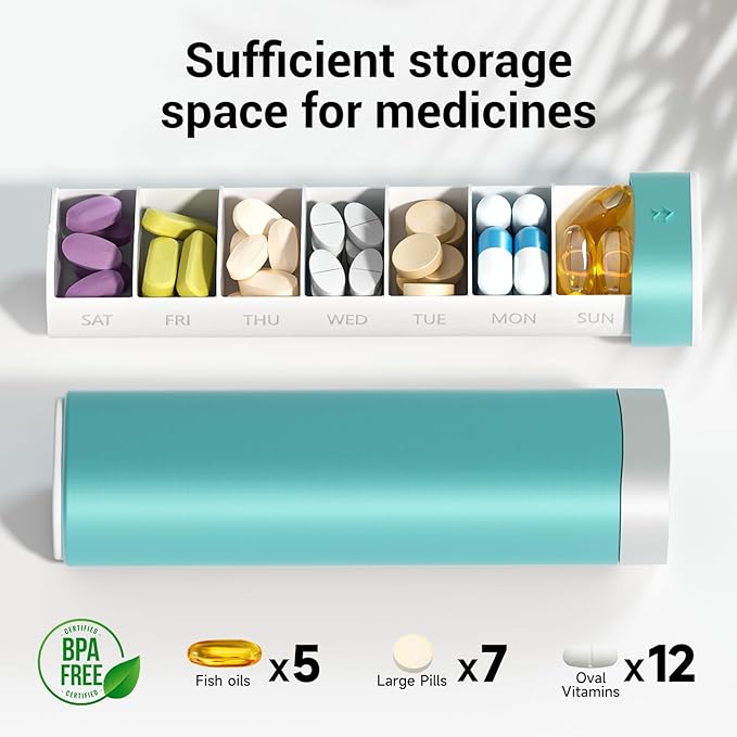 Betife Travel Pill Organizer Weekly 7 Day, Compact Daily Pill Box, Portable Medicine Case, Cute Pill Holder for Vitamins Supplements, Drawer-Shaped Pills Organizer (Green)