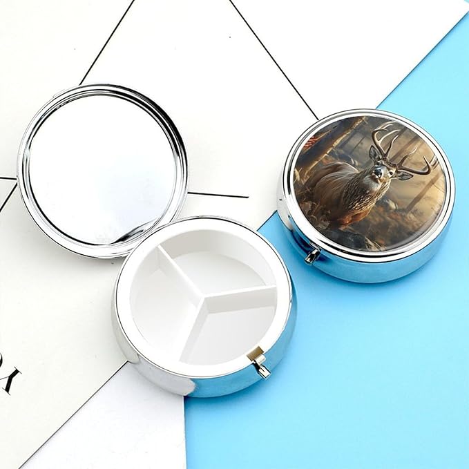 Deer Hunting Season Pill Box 3 Compartment Waterproof Pill Case with Mirror Round Container Metal Medicine Box Organizer Portable Vitamin Case for Pocket & Purse Travel