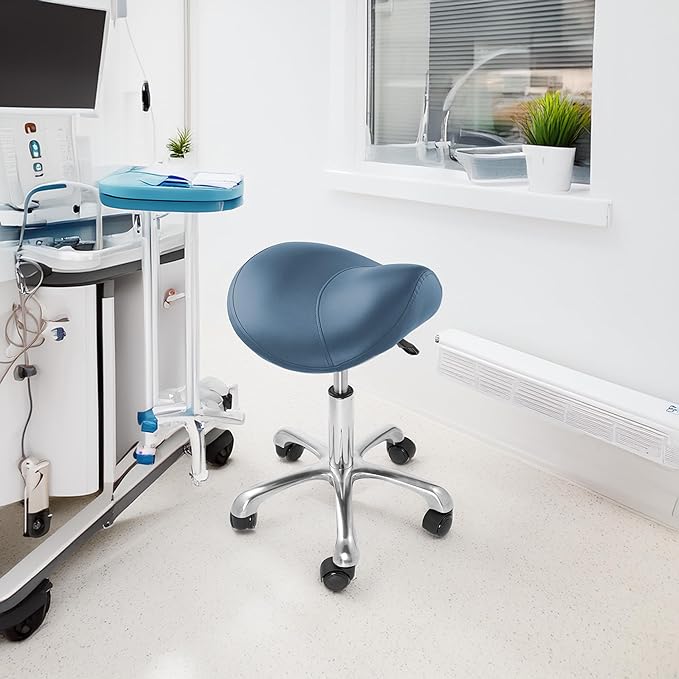 Saloniture Professional Ergonomic Saddle Stool, Blue - Adjustable Hydraulic Seat, Rolling Spa Salon, Massage, and Medical Office Chair with Swivel Wheels