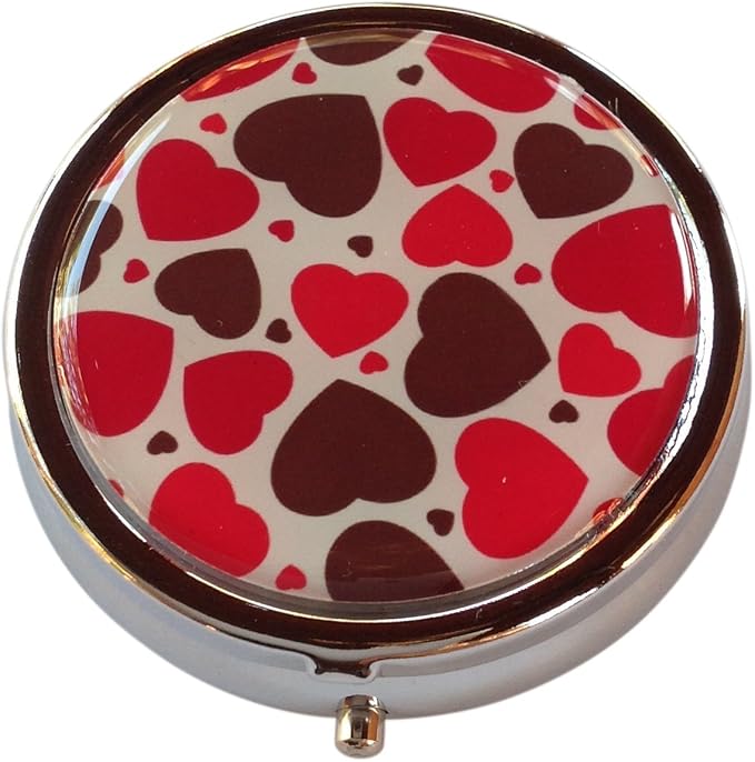 Red Hearts Silver Pill Box – Round 3-Compartment Metal Pill Organizer, Compact 2-Inch Travel Pill Case for Purse or Pocket