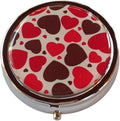 Red Hearts Silver Pill Box – Round 3-Compartment Metal Pill Organizer, Compact 2-Inch Travel Pill Case for Purse or Pocket