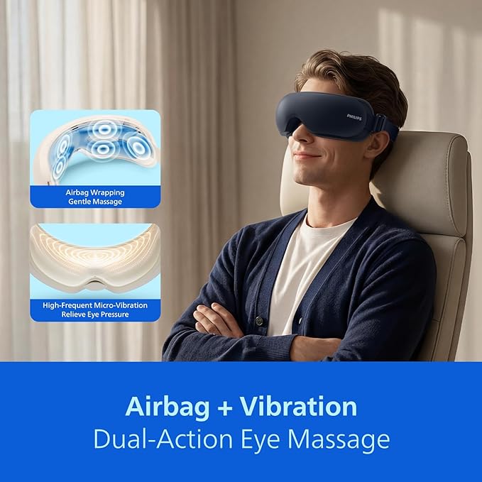 Philips Eye Massager with Heat and Cooling, Integrated Smart Sleep Mask with Nose Rest and Soft Silicone Massage Head, 4 Massage Modes for Migraines, Dry Eye, Dark Circles,Bluetooth Music, Ideal Gift