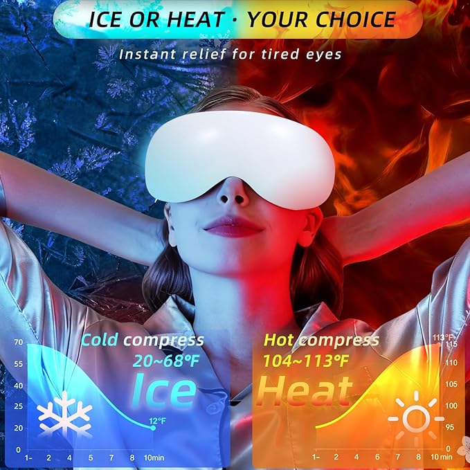 Eye Massager with Heat and Cooling for Migraines – 14 Massage Nodes for Eye Strain Relief, Rechargeable Bluetooth Music, Improve Sleep,Eye Strain Relief, Birthday Gifts for Women and Men(White)