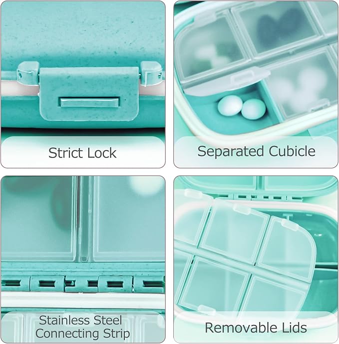 4PCS Travel Pill Organizer, 8 Compartments Portable Pill Case, Small Pill Box for Pocket Purse Portable Medicine Vitamin Container (Green+Blue+Pink+Beige)
