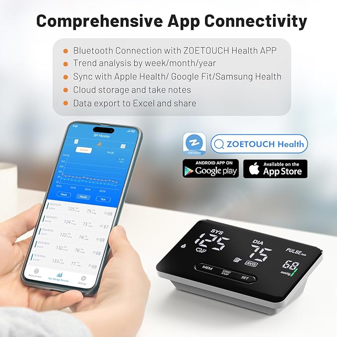 Smart Bluetooth Blood Pressure Monitor by ZOETOUCH - Clinically Accurate - Digital Wireless BP Machine Cuff Upper Arm for Home Use Large LED Display, App Connectivity, 2 Users, Fits Arms 8.7-16.5"