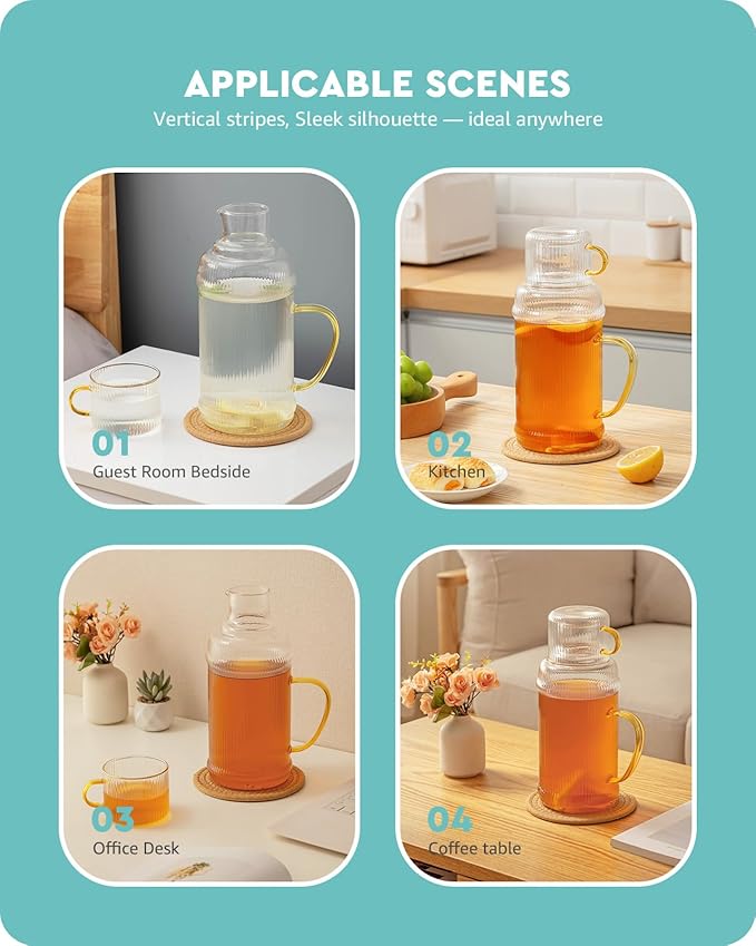 Baffect Bedside Water Carafe And Glass Set, High Borosilicate Glass Pitcher For Hot Or Cold Beverage, 68oz Water Bottles With 10 Oz Tumbler For Nightstand, Kitchen, Mouthwash Dispenser For Bathroom