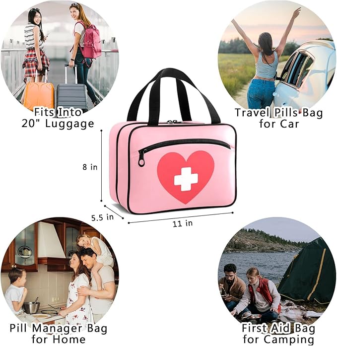 Naanle Pill Organizer Bag Travel Pill Bottle Medicine Organizer Home Storage Medication Bag for Vitamin Supplements, Heart White Cross Empty First Aid Bag for Car Camping, 1.0 Count