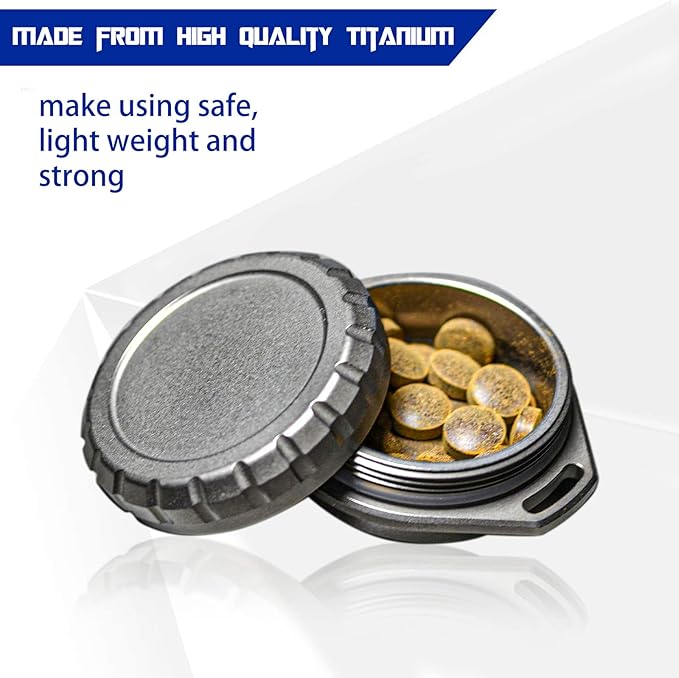 Titanium Waterproof Pill Case Travel Pill Organizer Bottle EDC Capsule Container Portable Pocket Metal Box with Chain for Camping, Hiking, Fishing, Titanium, Stone Washed