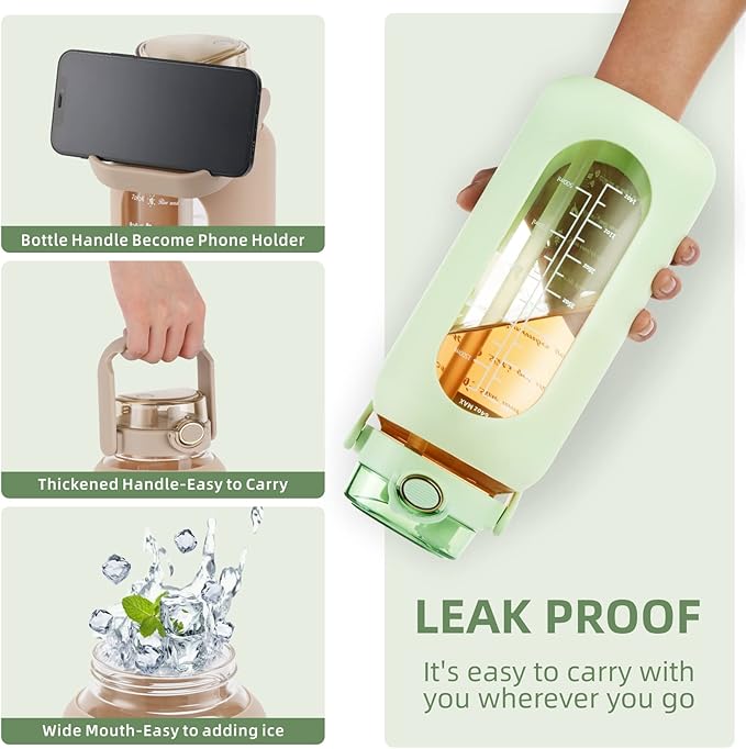 Glass Water Bottle with Straw and Handle Lid Half Gallon Motivational Glass Bottle with Silicone Sleeve and Time Marker Large Reusable Sports Water Jug for Gym Home Workout