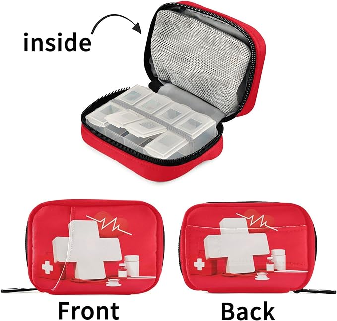 Red Cross Pill Box 7 Day Pill Case Bag Travel Pill Organizer Bag with Zipper Portable Weekly Case Compact Size for Vitamin Supplement Holder