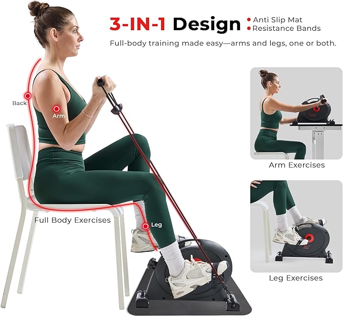 Sunny Health & Fitness Under Desk Smart Mini Pedal Exerciser, Exercise Cycle Bike and Mat/Workout Bands with Low Profile Design - SF-B0418SMART