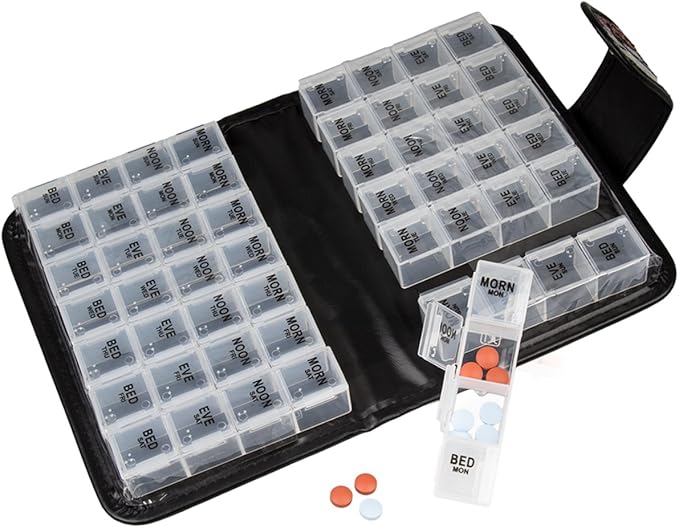 Floral Pill Case Box, 14 Day Pill Holder Pill Container & Medication Organizer, Travel Case - 4 Marked Compartments for Each Day of The Week - Morn, Noon, Eve, Bed