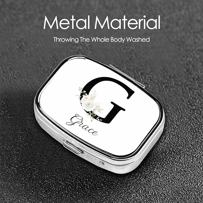 Custom Pill Box Personalized Square Small Pill Case with Mirror Add Your Photo Text Logo Name Decorative 2 Compartment Portable Metal Medicine Container Vitamin Organizer for Pocket Purse Travel (G)