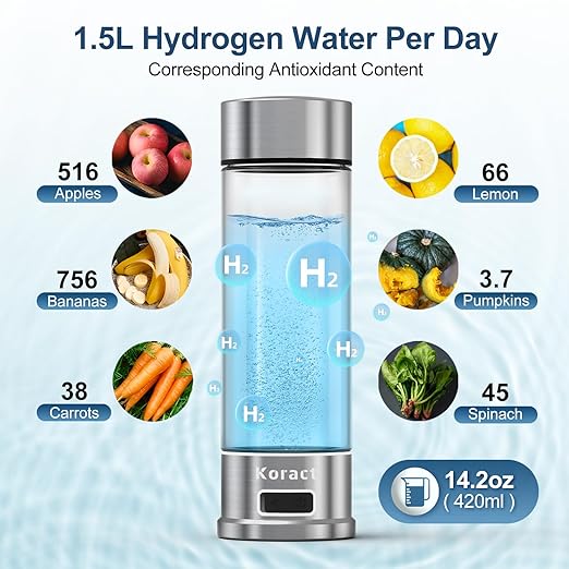 Hydrogen Water Bottle 1500PPB Portable Hydrogen Water Bottles Generator Glass, Hydrogen Rich Water Dispenser with SPE & PEM Technology for Home Office Fitness Travel Outdoor Sports (Silvery)