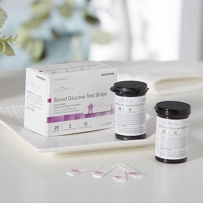 McKesson Quintet AC Blood Glucose Test Strips - Auto Coding, Noble Electrode Strips, for Self-Testing and Point-of-Care Testing of Whole Blood Glucose, 50 Strips, 2 Packs, 100 Total