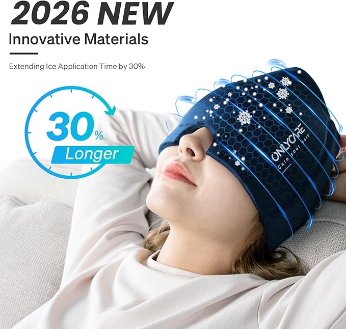 ONLYCARE Migraine Relief Cap, Upgraded Odorless Headache Relief Cap Mask Products, 360° Gel Surround Cooling Ice Pack Mask Head Wrap for Tension, Migraine, Sinus, Stress, Headaches, Hangover, Blue
