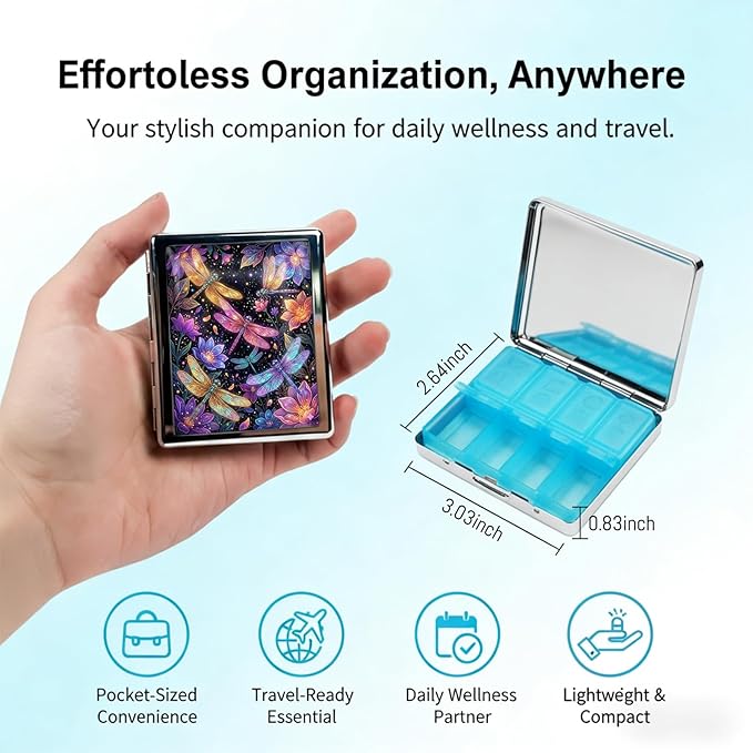 Metal 7 Day Pill Organizer, Cute Small Weekly Pill Case with 8 Compartments for Travel, Moisture-Proof Medicine Holder for Purse, Compact Daily Vitamin Box (Glow Dragonflies)
