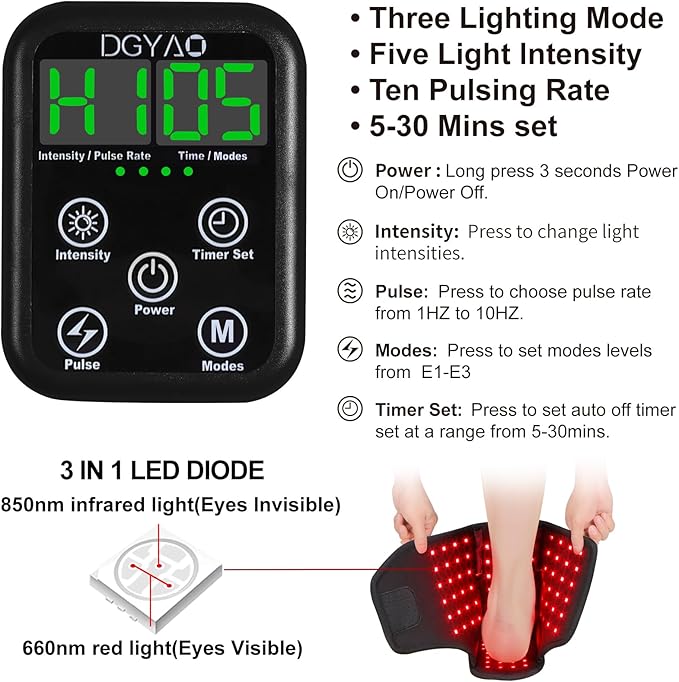 Rechargeable Red Light Therapy Feet Ankle, 132 LEDs 660 nm Red Light and 850 nm Infrared Light Therapy Shoe, with 6000mAh Battery Adjustable Power and Time Controller