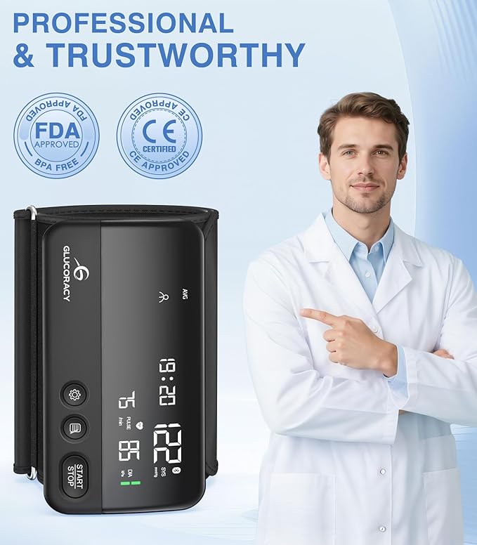 Glucoracy Upper Arm Blood Pressure Monitor, Rechargeable Blood Pressure Machine, Blood Pressure Monitors for Home Use, Portable One-Piece Design, Adjustable Wide Range Arm 10.6"-16.5", Large Display