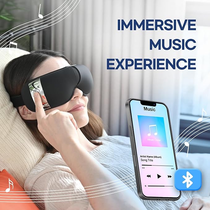 HubiCare Eye Massager with Heat, Vibration, and Music Helps Relieve Strain, Dark Circles, Dryness, and for Migraine Relief Relaxation and Better Sleep Valentines Day Gifts for Women/Men (Black)