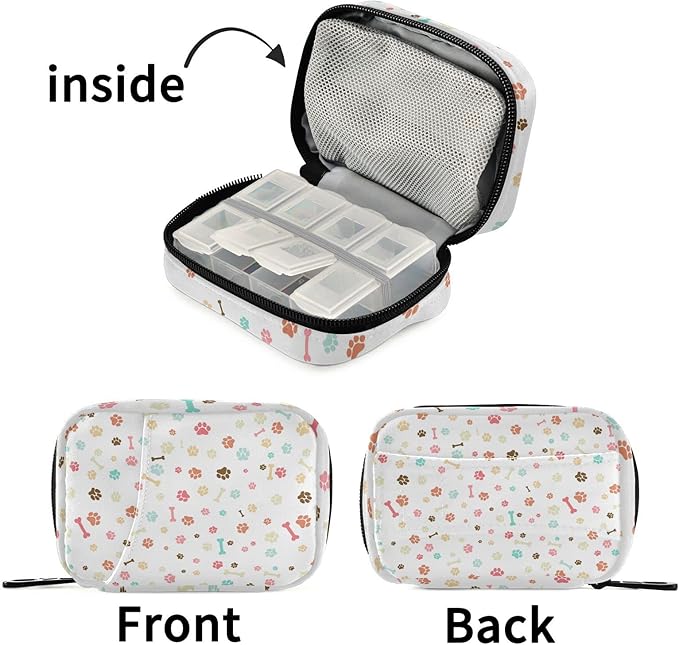 Pill Box Dog 7 Day Pill Case Travel Pill Organizer Bag with Zipper Portable Weekly Vitamin Medicine Supplement Holder Pouch Bag