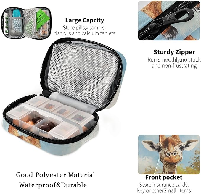 Fustylead Cute Grinsende Giraffe Oil Painting Travel Pill Case Bag with Zipper Weekly Pill Box 8 Compartments 7 Day Personal Pill Case Purse Medicine Case Organizer
