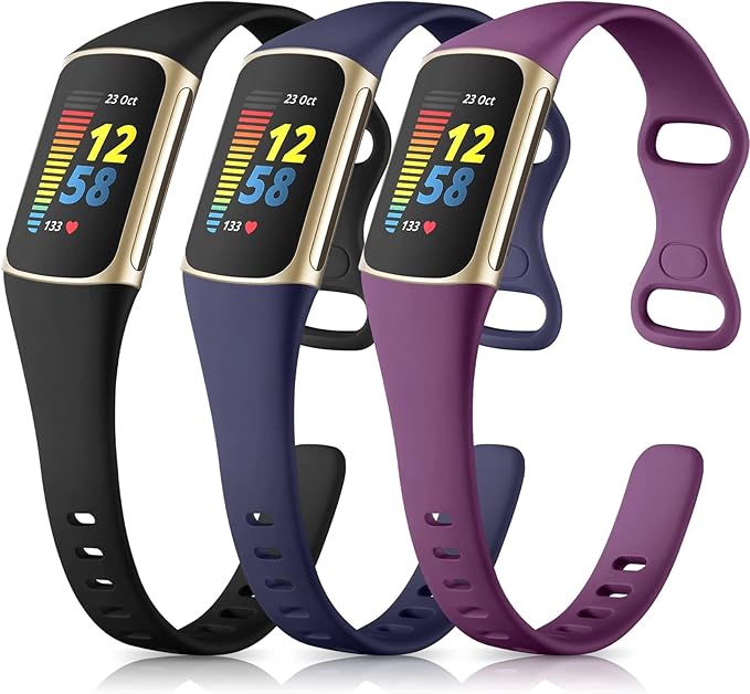 Maledan Compatible with Fitbit Charge 5 Bands and Charge 6 Bands Women Men, Soft Sport Waterproof Replacement Slim Band Wristbands for Fitbit Charge 5 Advanced Fitness Tracker, Black/Blue/Plum