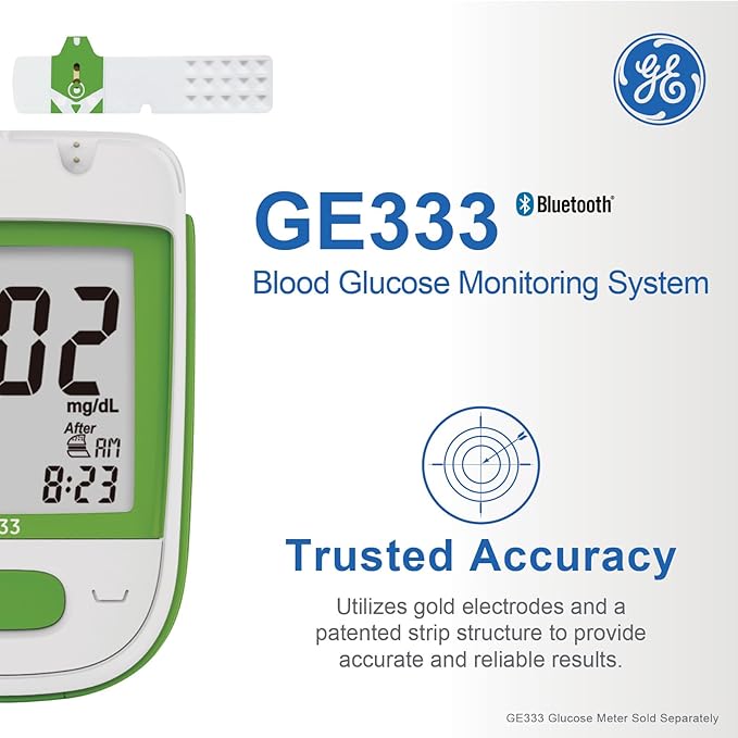 GE333TS Blood Glucose Test Strips | 50-Count Pack |Gold Electrodes|Patented Test Strip Structure