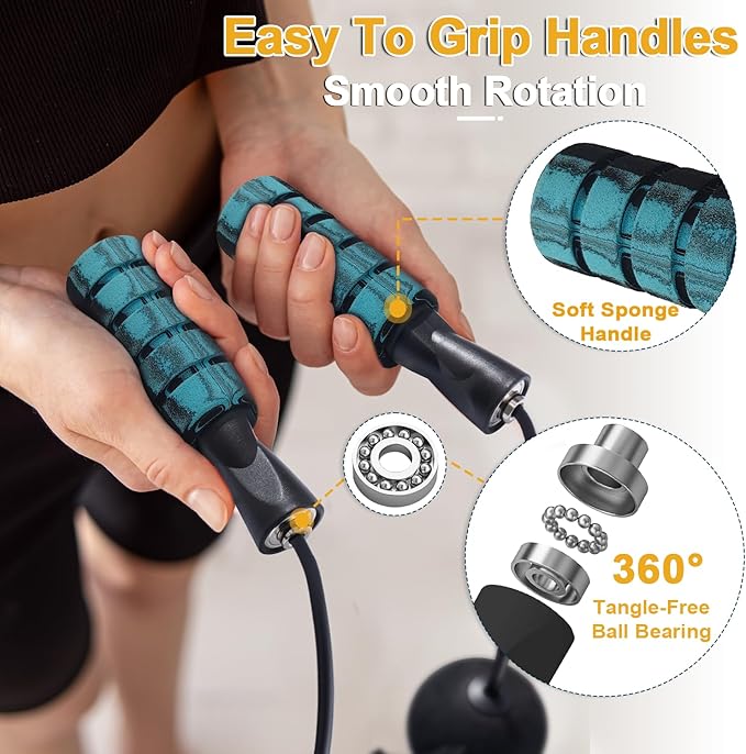 2 in 1 Jump Rope for Women Men and Kids - Tangle-Free Cordless Skipping Jump Rope with Ball Bearings and Foam Handles for Rapid Speed Fitness Workouts