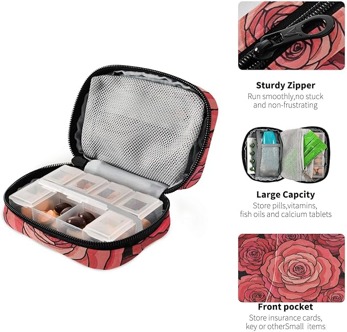Cute Cartoon Flower Rose Red Pill Bags with Detachable Compartments Attachable Small Pill Organizer for Purse