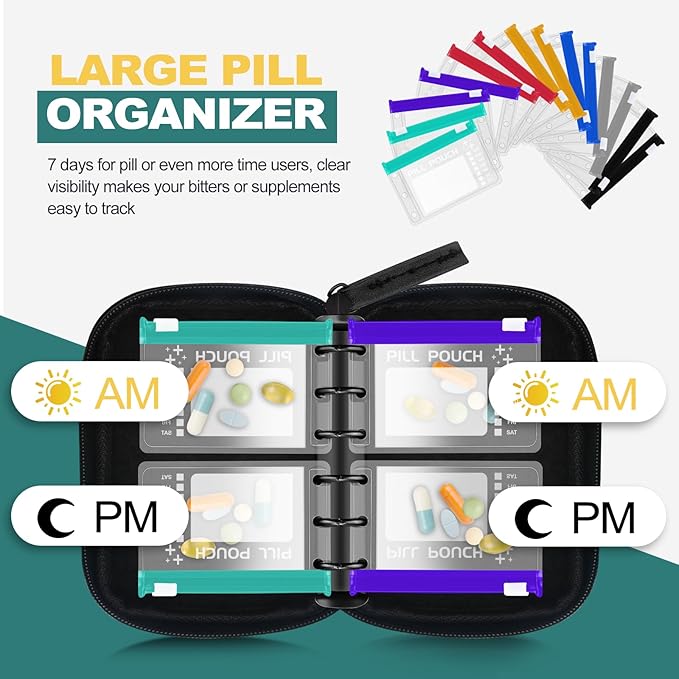 A7 Waterproof Pill Organizer with 14 S Zippered Pill Pouches for A7 Binder, Small BPA-Free Weekly Medicine Organizer, Color-Coded Reusable Travel Pill Storage System