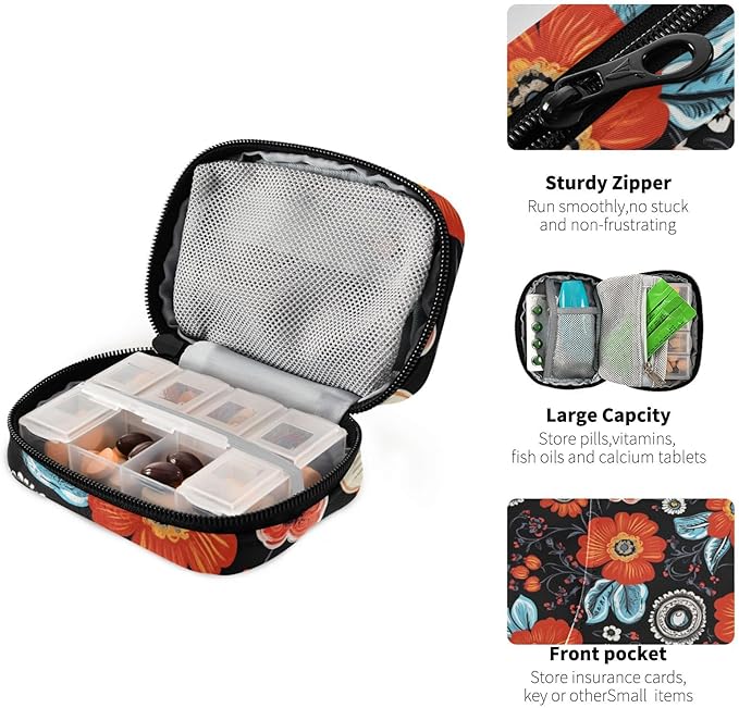 Black Poppy Paisley Travel Pill Organizer Case Box Container Weekly Portable Vitamin Medicine Holder Storage Bag with Zipper Removable