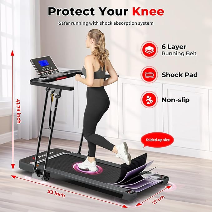 SubSun Foldable Treadmill for Home, Portable Walking Pad with Handle, Manuall/Auto/No Incline, 2.5HP Treadmill with 265 Lbs, Black/White