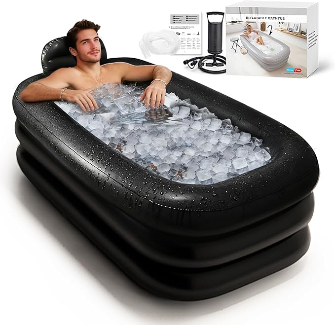 Nevife Inflatable Ice Bath Tub for Adults- Blow Up Bathtub with Cover&Comfort Floor,Foldable Tub for Shower, Spa, Ice Baths, Camping-Includes Hand Pump, XL (63x35.4x19.7 inches)
