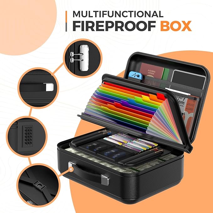 Fireproof Document Box with Combination Lock, Fireproof Water Resistant Hard Case Safe Box for Important Documents Certificates Laptop Passports