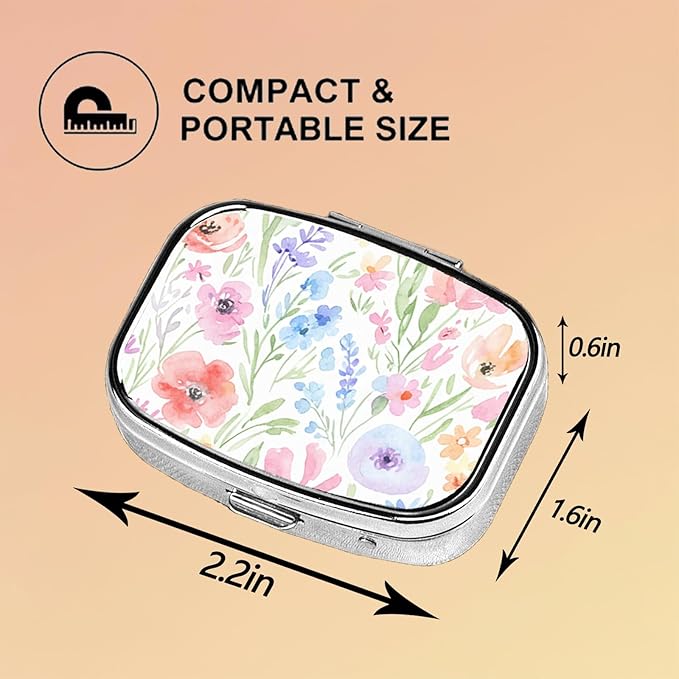 Square Pill Case Small Pill Box with Mirror Pocket 2 Compartment Vitamin Pill Medicine Case Organizer Pill Containers for Traveling Oil-Painted Wildflowers One
