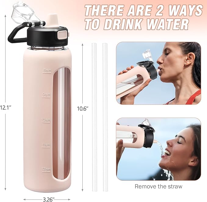 Kodrine 32 oz Glass Water Bottle with Straw and Carry Loop, One-Touch Leakproof Locking Lid, Reusable Drinking Bottle with Time Marker for Travel Home Gym Sports (Pink)