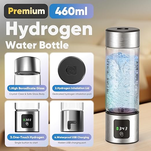 Hydrogen Water Bottle Generator, Up to 6000 PPB SPE-PEM – 460ml Borosilicate Glass, Leak-Proof, LED Display, USB Rechargeable, with Inhalation Tube – Portable Hydro Water Maker for Home, Gym & Travel