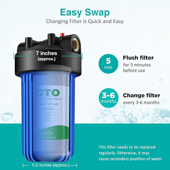 SimPure Whole House Water Filter Cartridges 5 Micron 10" x 4.5" CTO Activated Carbon Block, For DB10P, DB10C-2, GE GXWH40L, GXWH35F, BB10, FXHTC, FC15B, 3 Pack
