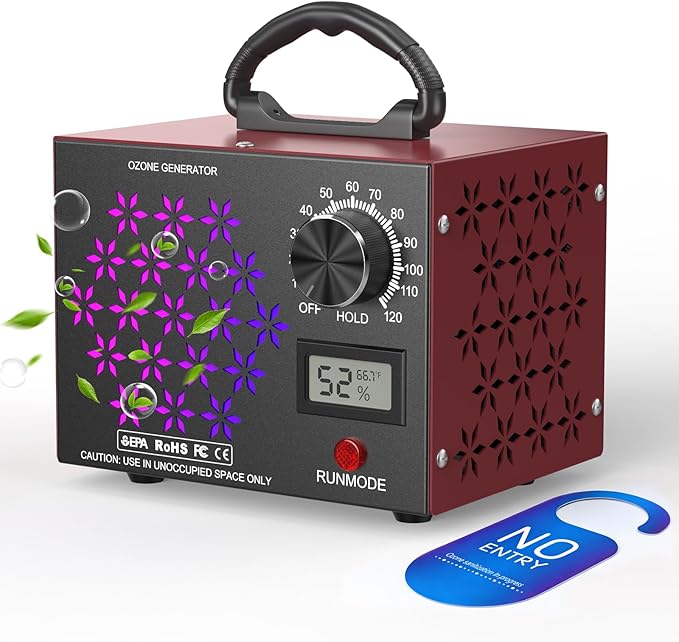 120,000mg/h Ozone Generator Machine with Temp/Humidity Display, Triple Side Vents for Enhanced Airflow - Faster & Wider Ozone Odor Eliminator Air Purifier for Home, Car, Pets, Up to 6000 Sqft