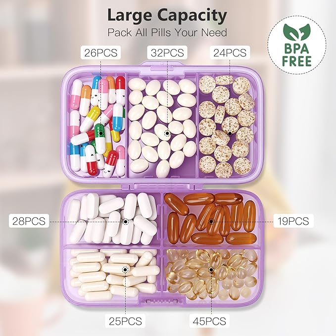 FYY Weekly Pill Organizer with Labels,8 Compartments Travel Daily Pill Case Airtight Moistureproof Large Pill Box to Hold Vitamins, Fish Oil, Supplements,Cotton Swab and Bandages-Purple