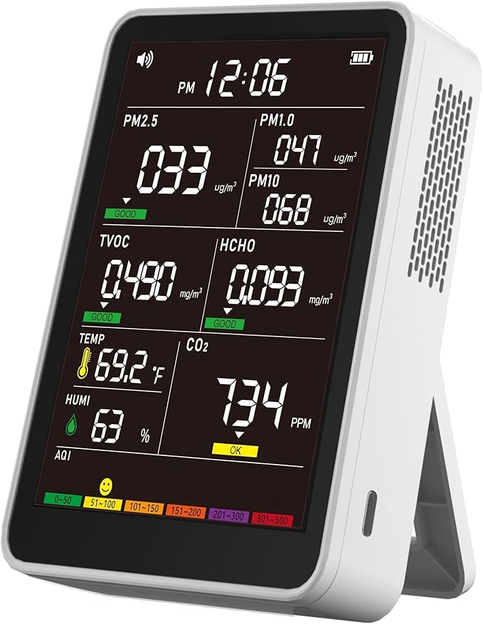 Professional Indoor Air Quality Monitor with AQI Alerts, Portable Real-Time Detector for Home, Car, Plants & Pets (Off White)
