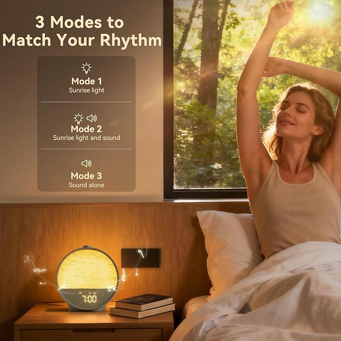 Vivilumens Sunrise Alarm Clock, Gentle Wake-Up Light & Sound Machine, Dual Alarms for Heavy Sleepers Adults, Natural Sounds, RGB Mood Light, Dimmable Bedside Night Lamp Ideal for Bedroom & Gifts