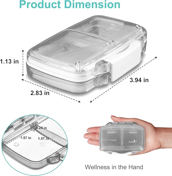 Fullicon Travel Pill Organizer, 4 Compartments Portable Pill Case, Moisture Proof Small Pill Box with Labels, Travel Pill Case with Double Lock, Pocket Pharmacy for Vitamin D3 & Fish Oil (Grey)