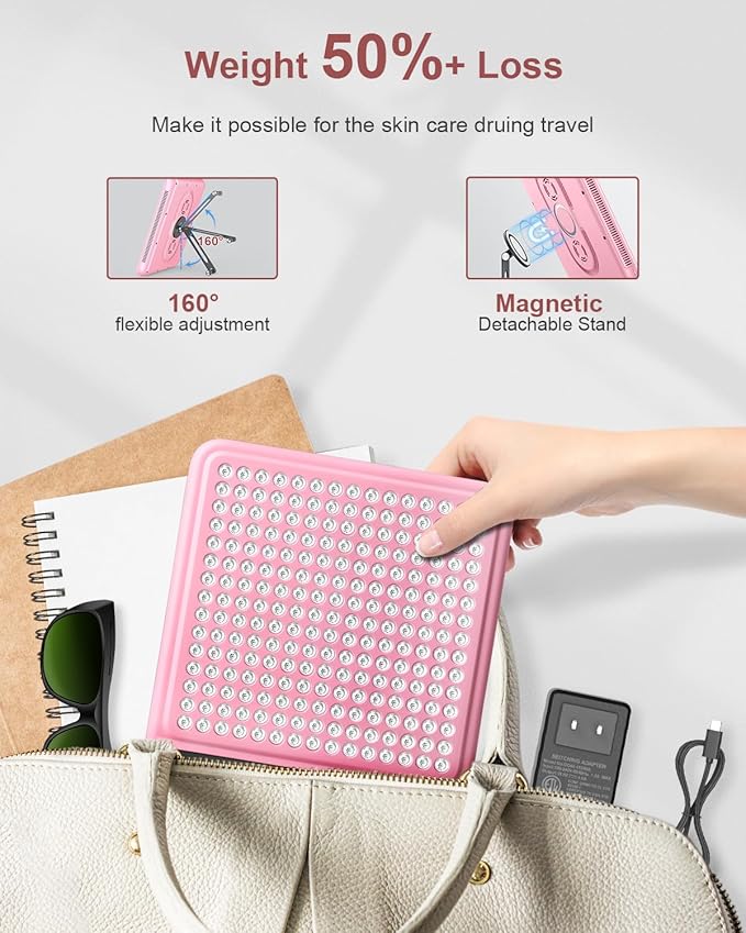 Red Light Therapy Panel, 225 Dual-Chip LEDs with 660nm Red & 850nm Near Infrared Light for Face, Skin, Sleep, Body Health, Portable Therapy Panel with Stand & Timer,Pink
