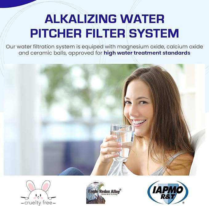 Crystal Quest Water Filter Pitcher - 12-Cup Capacity, Includes 1 Long-Life Filter, BPA Free, Meets NSF Standard 42 - Filters up to 2,000 Gallons – Alkalizing/Blue