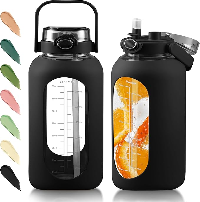 Glass Water Bottle with Straw and Handle Lid Half Gallon Motivational Glass Bottle with Silicone Sleeve and Time Marker Large Reusable Sports Water Jug for Gym Home Workout