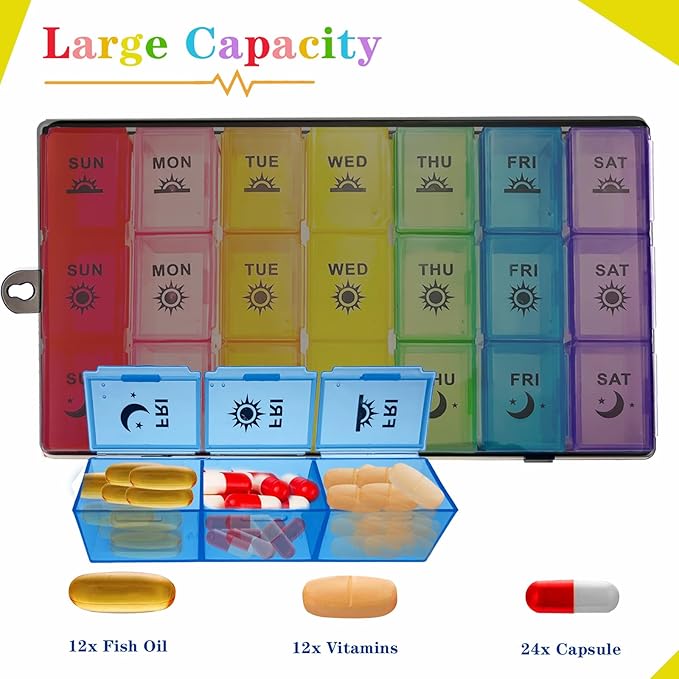 Pill Organiser, Large Tablet Organiser, Weekly Pill Box 7 Day 3 Times a Day, Medication Organizer, Medicine Storage Box with Dust-Proof Container for Fish Oil/Vitamin.