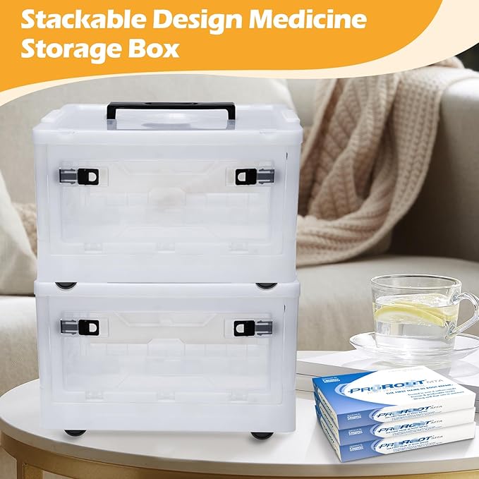 Extra Large Medicine Storage Box with Handles, First Aid Box Clear Medical Supply Organizer with Removable Tray, Multipurpose Plastic Medicine Chest with Wheels