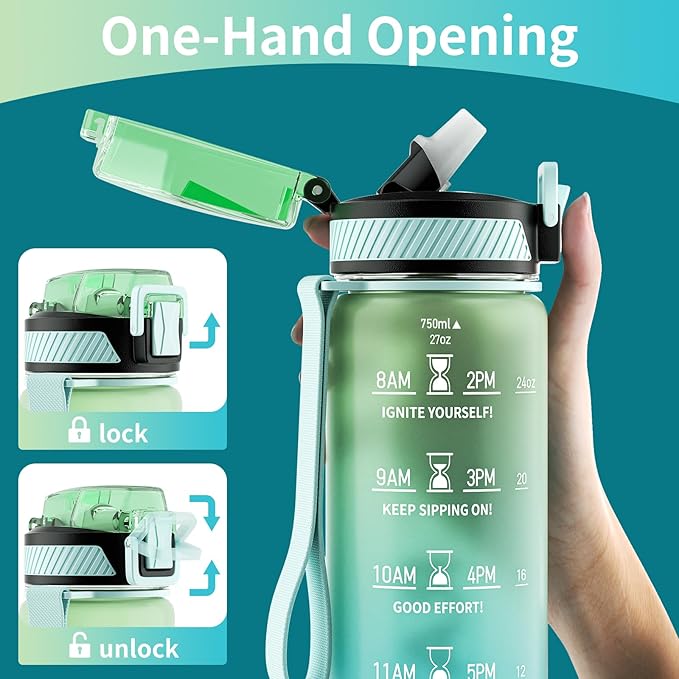 Water Bottle with Straw, 27oz Motivational Water Bottles with Time Marker to Drink, Tritan BPA Free, 750ml Sports Water Bottle with Carry Strap LeakProof for School Fitness Outdoor (1Pack)